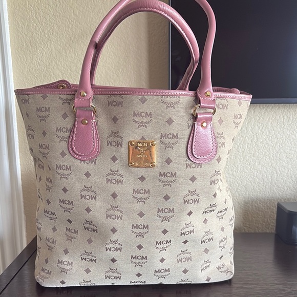 MCM Visetos Pink Leather Trim Tote Bag includes COA